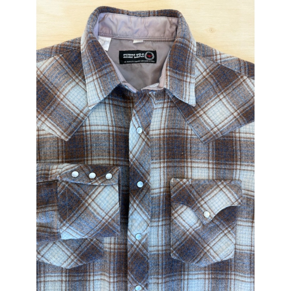 Vintage Sheplers Mens Brown Plaid Wool Blend Western Pearl Snap Shirt - M